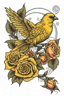 flying canary with roses blooming tattoo design idea