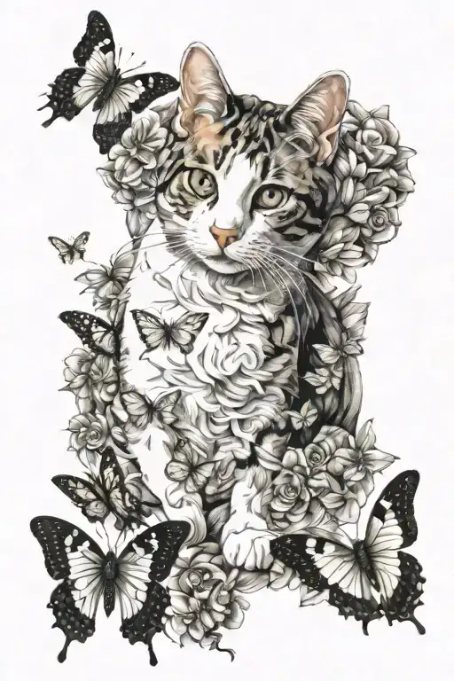Calico and white cat on back surrounded by butterflies tattoo design idea