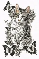 Calico and white cat on back surrounded by butterflies tattoo design idea