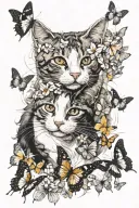 Calico and white cat on back surrounded by butterflies tattoo design idea