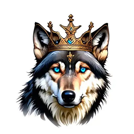 wolf with one blue eye, wearing sweedish crown tattoo design idea