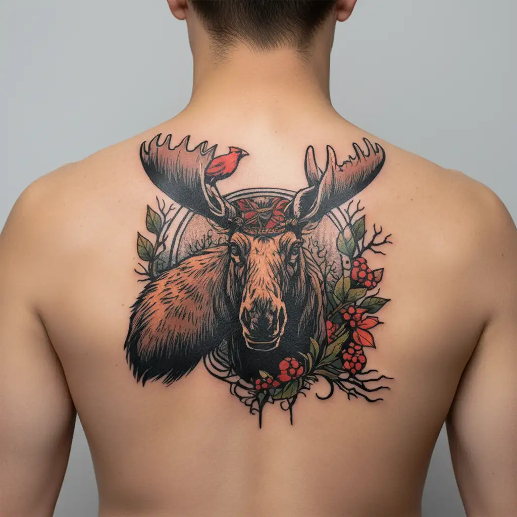 moose and cardinal perched tattoo design idea