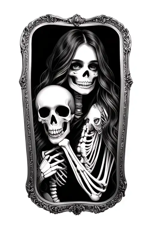 beautiful woman holding mirror with reflection skeleton tattoo design idea