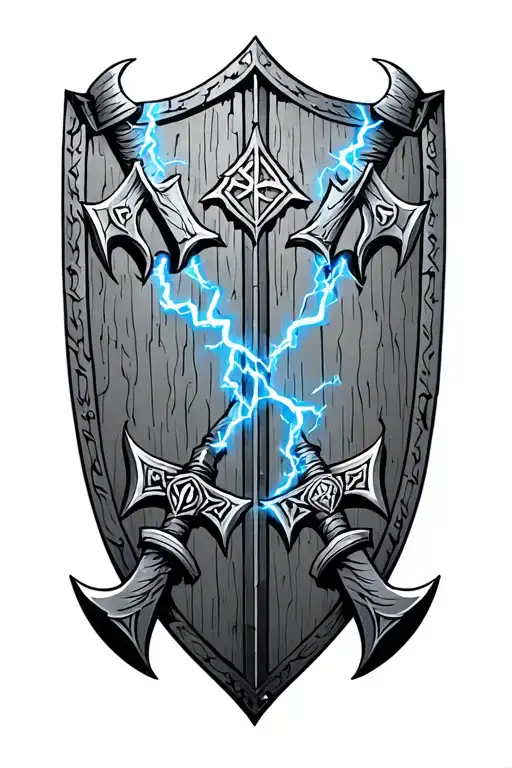 blackout norse shield with axes and runes, with blue lightning tattoo design idea