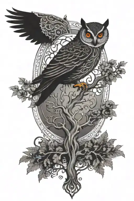 tree of life at bottem with an owl at the top and mandala style filling gaps tattoo design idea