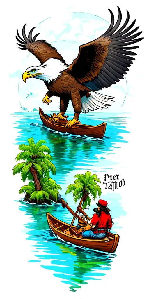 I want a sleeve with a bald eagle at the top and a lagoon from Peter Pan with a pirate in a rowboat tattoo design idea