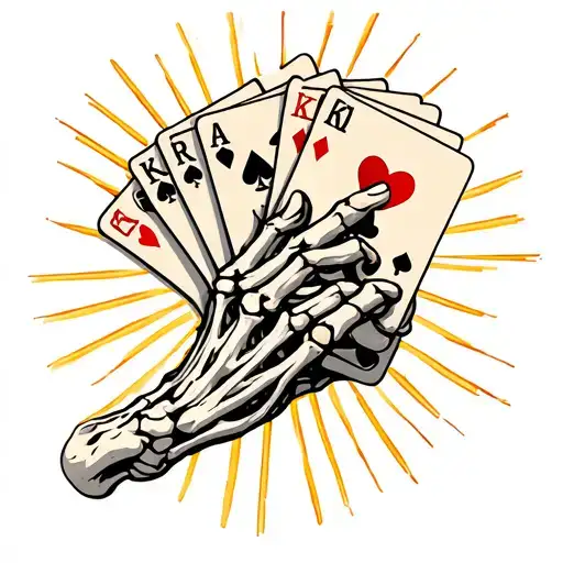tattoo where there is a skeleton hand holding cards that represent karma and death with sunshine rays in the back tattoo design idea
