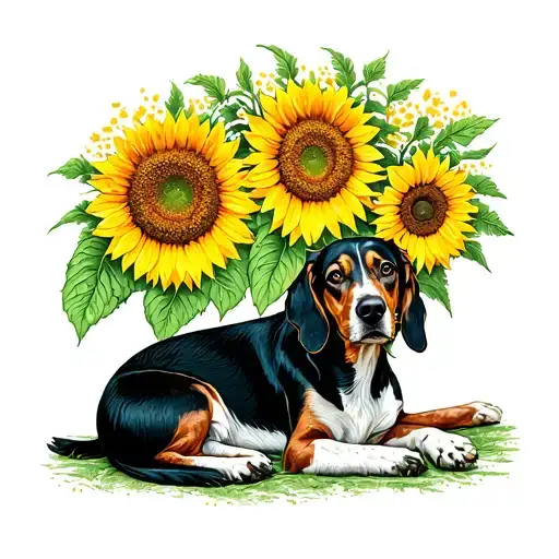 A dreamy scene of a coonhound napping under a sunflower canopy tattoo design idea