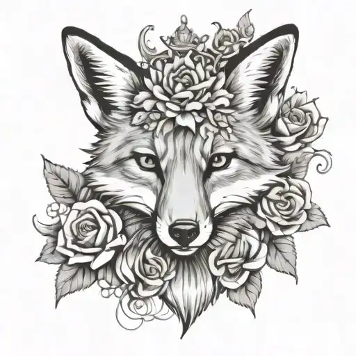 Fox head with crown and flowers with a bee surrounded tattoo design idea