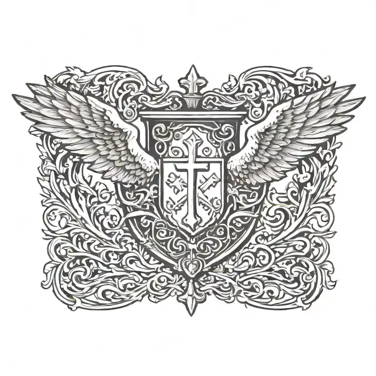 Coat of arms with pair wing of dove and cross, equal tattoo design idea