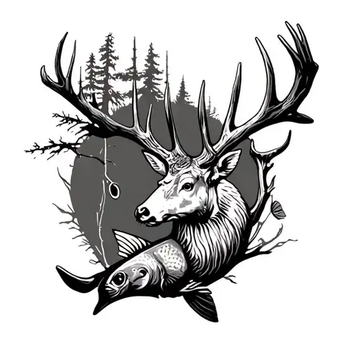 deer antler fish rifle fishing pole cross tree forest intertwined  tattoo design idea
