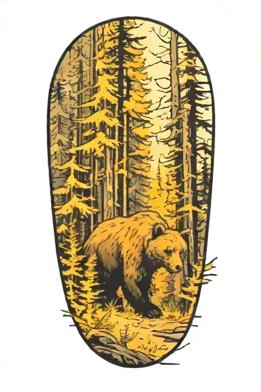 forest with bear walking tattoo design idea
