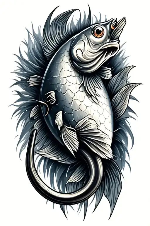 A realistic black and gray fish hook, rendered in a metallic style with attention to shading and shine.A fishing line  tattoo design idea