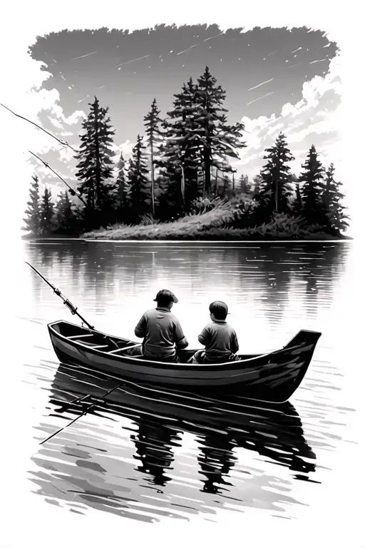 facing away father and two sons sitting in boat fishing in lake scene tattoo design idea