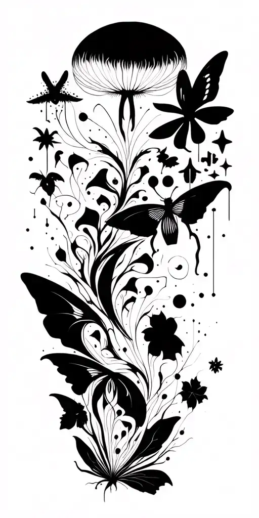 Blackwork, with technological footprint, cyberpunk, cybertribal. can be something with moth, butterfly, mushroom, or something tattoo design idea