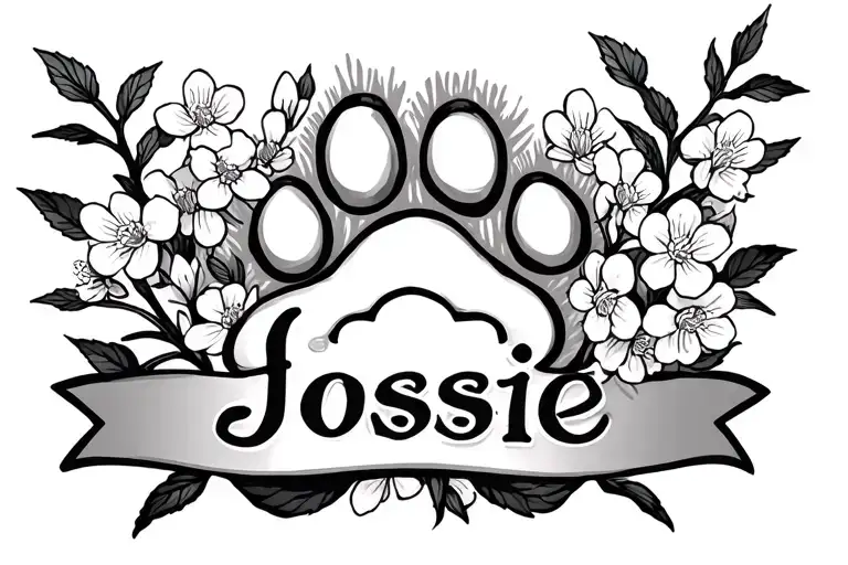 Dog paw with cherry blossoms and the name Josie underneath should not be on the under arm no more than 14 petals tattoo design idea
