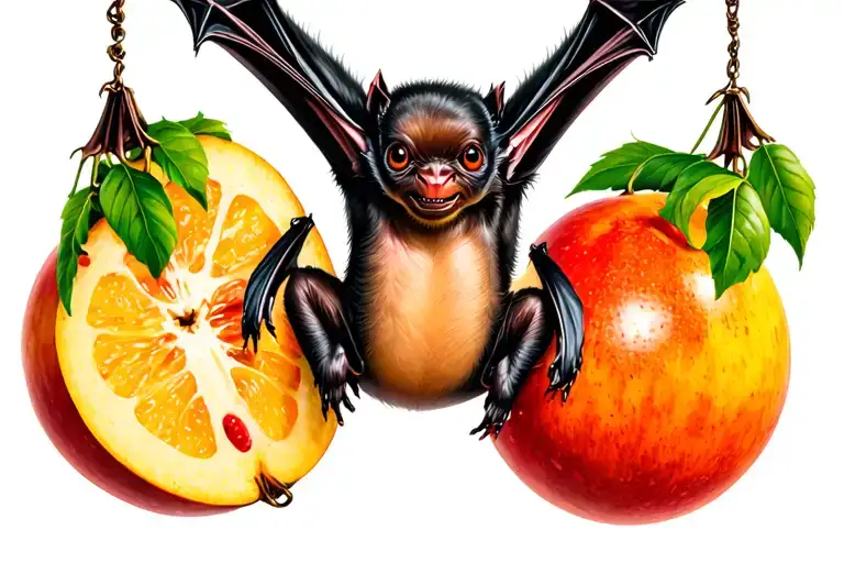 fruit bat hanging upside down eating a  fruit tattoo design idea