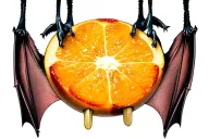 fruit bat hanging upside down eating a  fruit tattoo design idea