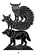 Totem with a bear on the bottom, a wolf on the bear, then an owl with its wings spread and a fox on top tattoo design idea