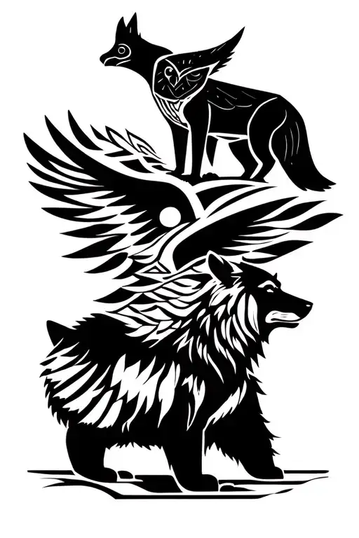 Totem with a bear on the bottom, a wolf on the bear, then an owl with its wings spread and a fox on top tattoo design idea