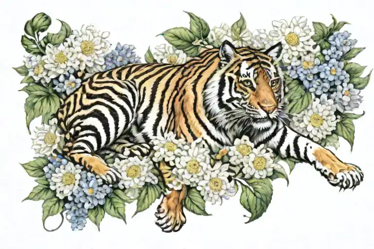 Color. Tiger laying down, light brown horse jumping behind it. Both in a garden of chrysanthemums and larkspur flowers tattoo design idea