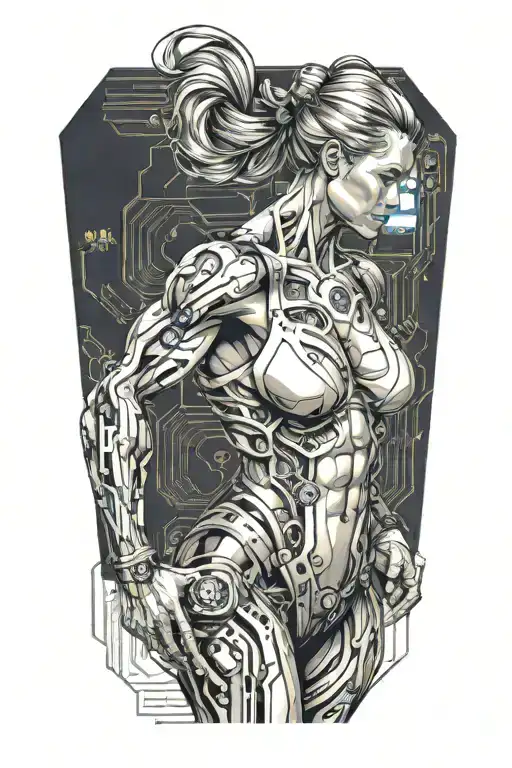 aesthetic bodybuilder muscular women with technology circuits vectors board merging tattoo design idea