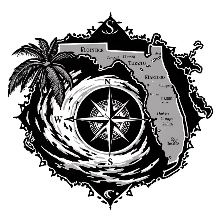 state of Florida nautical chart with hurricane and compass Rose offshore tattoo design idea