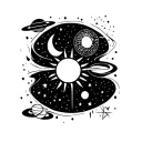simple modern lines, multiple symbols, sun, moon, stars, planets, earth, fire, wind, air, outer space, darkness tattoo design idea