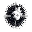 simple modern lines, multiple symbols, sun, moon, stars, planets, earth, fire, wind, air, outer space, darkness tattoo design idea