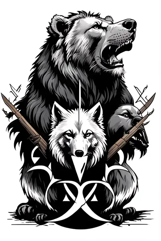 Lion, Bear, white wolf, holy trinity, alpha omega, hebrew, illuminatti tattoo design idea