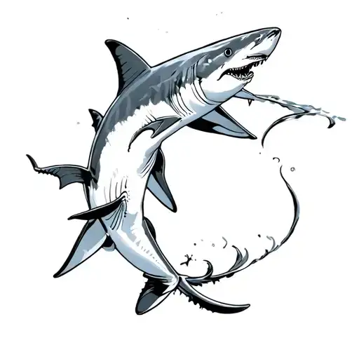 two sharks chasing eachother, grate white and mako shark fine line tattoo design idea