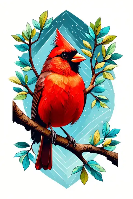 A red cardinal sitting on a tree branch, symbolizing a message from a loved one who passed. Include natural details like tattoo design idea