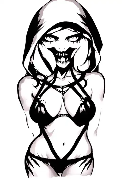 Sexy Pale Girl, Petite, Big Boobs, Wide Hips, G-string, Sexual...black hood, white eyes, black hair, tattoo design idea