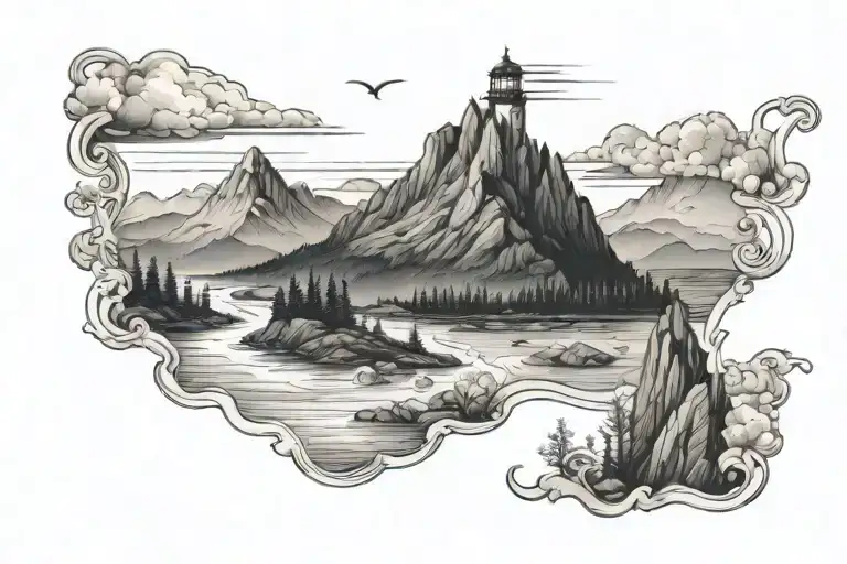 mountain range with river that flows to ocean lighthouse tattoo design idea