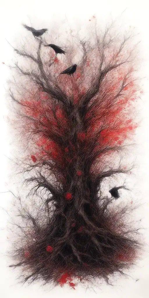 crooked scary looking tree wich gnarled and snapped branches. ravens perched amongst the branches roses weaving amongst tattoo design idea