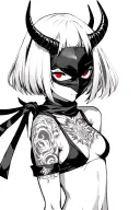 Anime, ninja mask girl, gotic style, short hair with bangs, red eyes and horns tattoo design idea