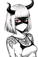Anime, ninja mask girl, gotic style, short hair with bangs, red eyes and horns tattoo design idea