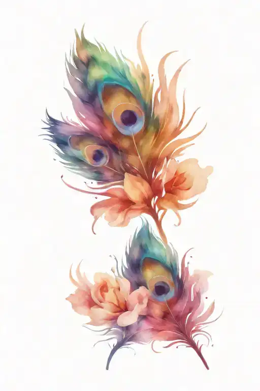 Peacock feathers and flowers tattoo design idea