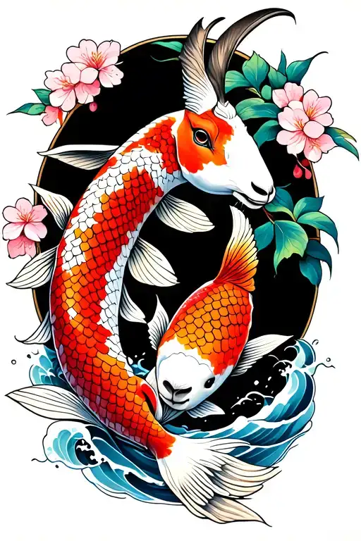 upper body goat lower body koi with waves and cherry blossoms tattoo design idea