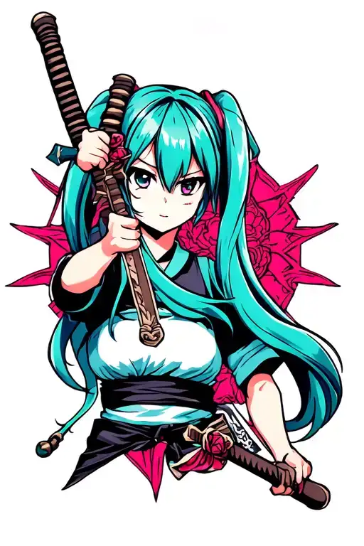 Hatsune Miku holding a katana tattoo design idea