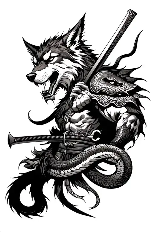 a chimera, wolf's head, samurai's body without a helmet, a large katana, claws on its hands, a snake's tail surrounding tattoo design idea