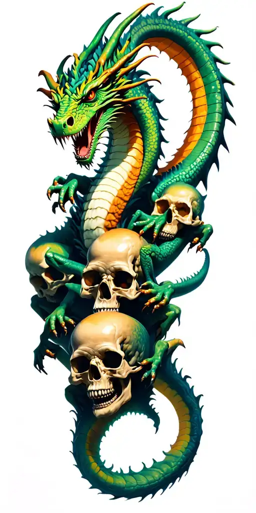 dragon crawling up mountain of skulls tattoo design idea