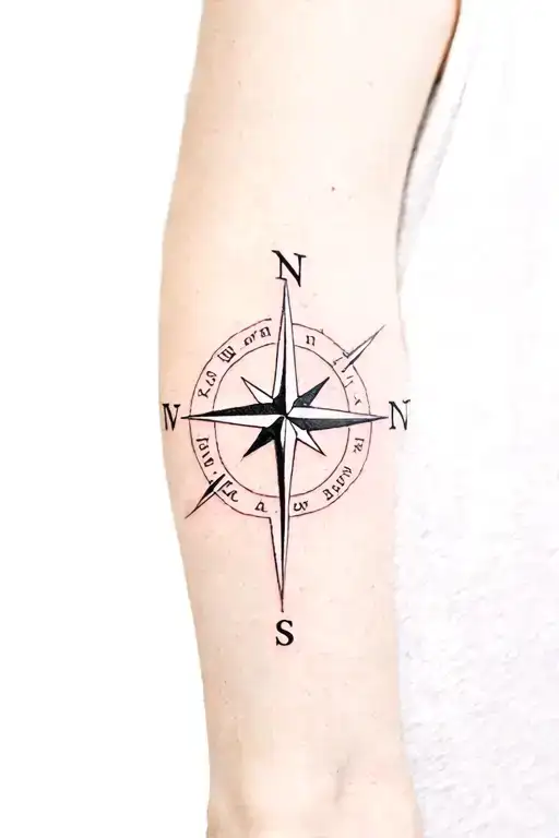 tattoo on the anterior part of the triceps, a compass with the letters of the 4 cardinal points being held by Hestia tattoo design idea