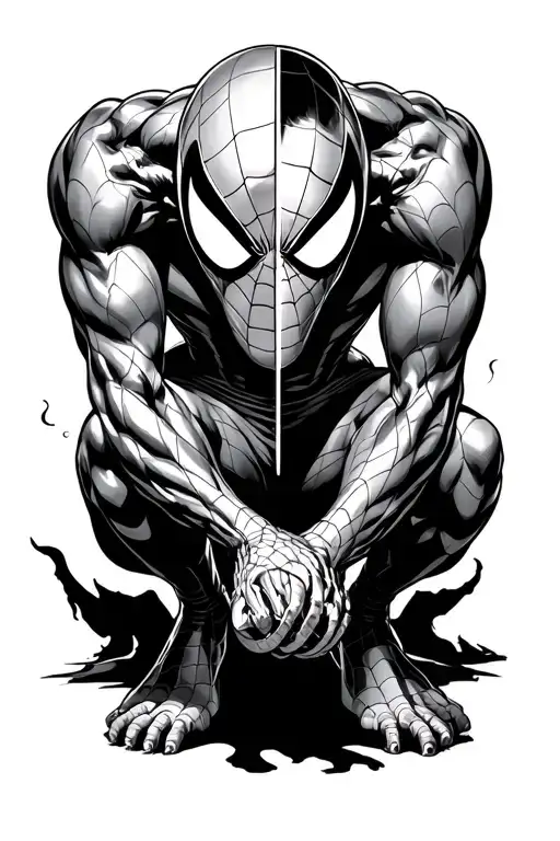 Half venom and half Spiderman squatting tattoo design idea