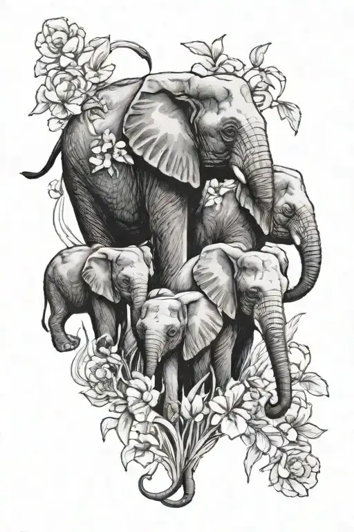 carnations and snowdrops with baby elephants holding trunks tattoo design idea