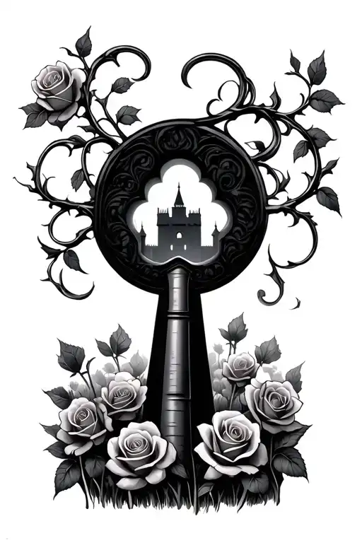 a key hole where inside is a field of roses with a dark tower in the background  tattoo design idea