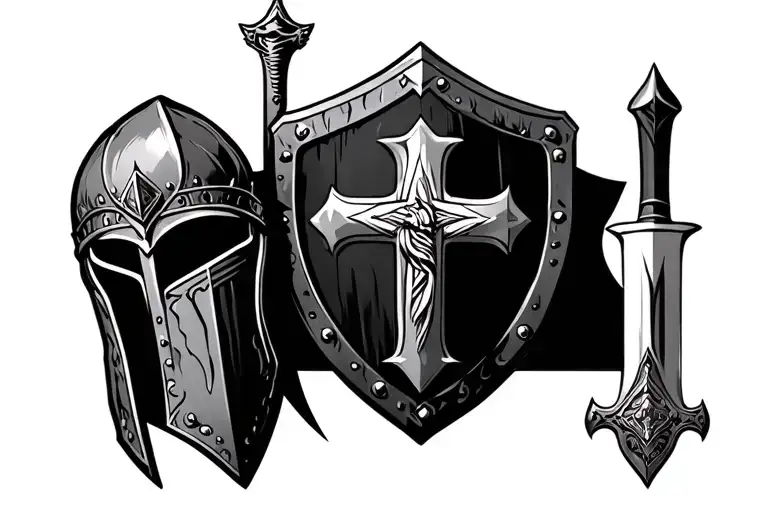 warrior helmet on the left side, warrior shield with Jesus cross in the middle, and sword on the right tattoo design idea