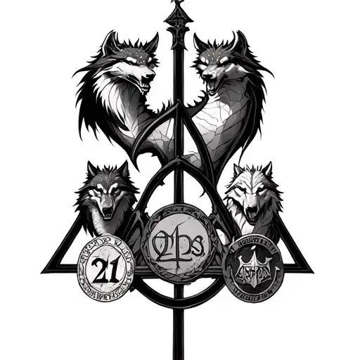 harry potter deathly hallows with dragon and wolf holding marathon medals tattoo design idea