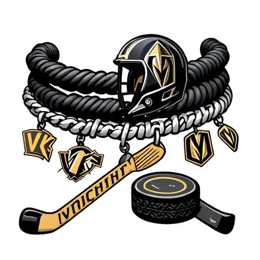 a charm bracelet with the letters "VGK", a hockey stick, a hockey puck, and a golden knights helmet tattoo design idea