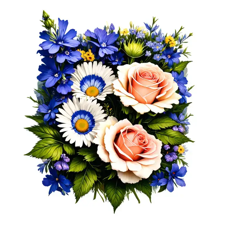 flower bouquet with a larkspur, rose, and daisy flowers tattoo design idea